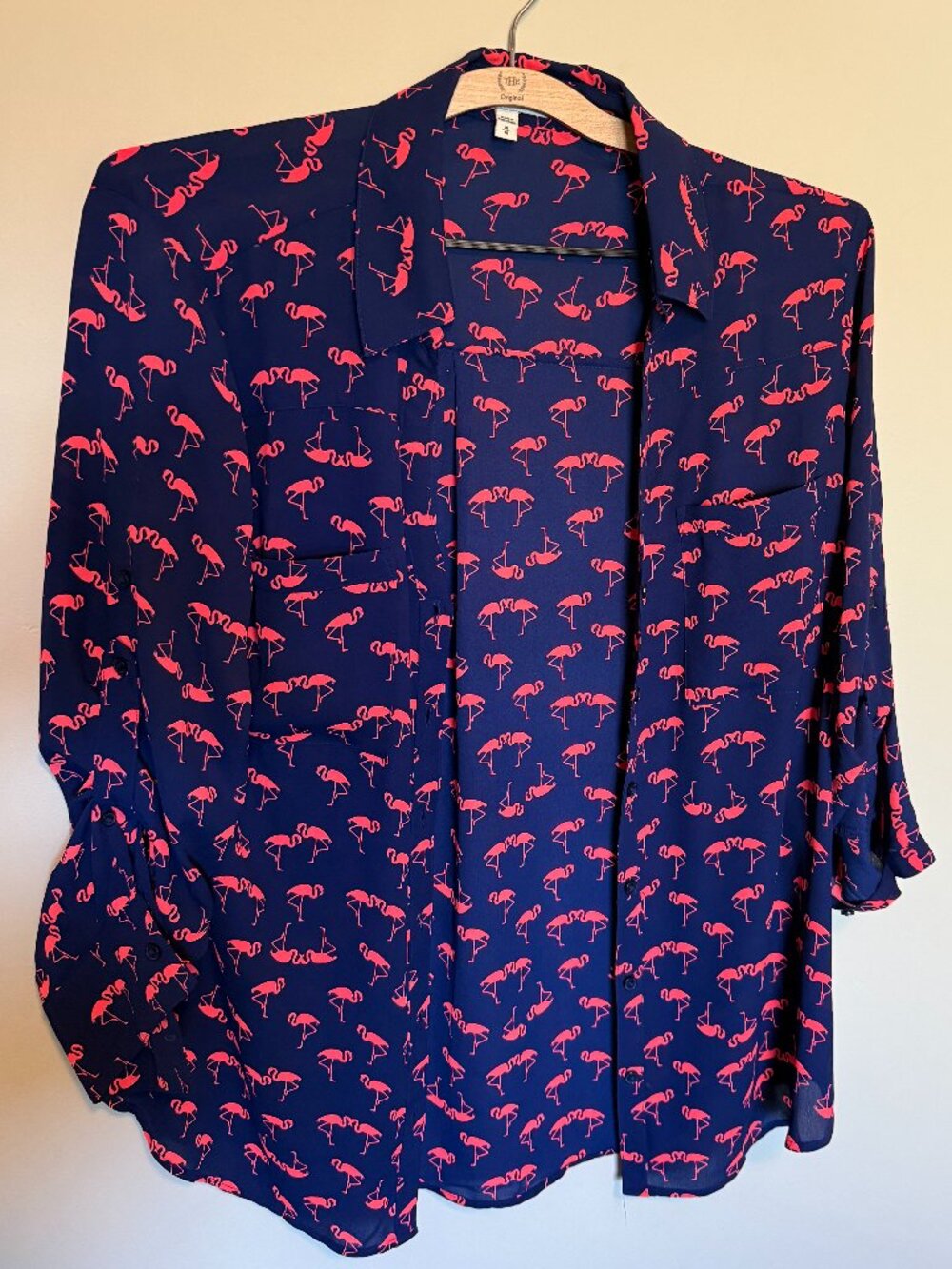 Express Navy Button-Front Blouse with Pink Flamingo Print